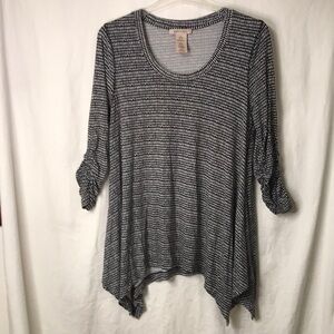 Philosophy Women’s Tunic XL Black White Ruched 3/4 Sleeves Soft and Stretchy